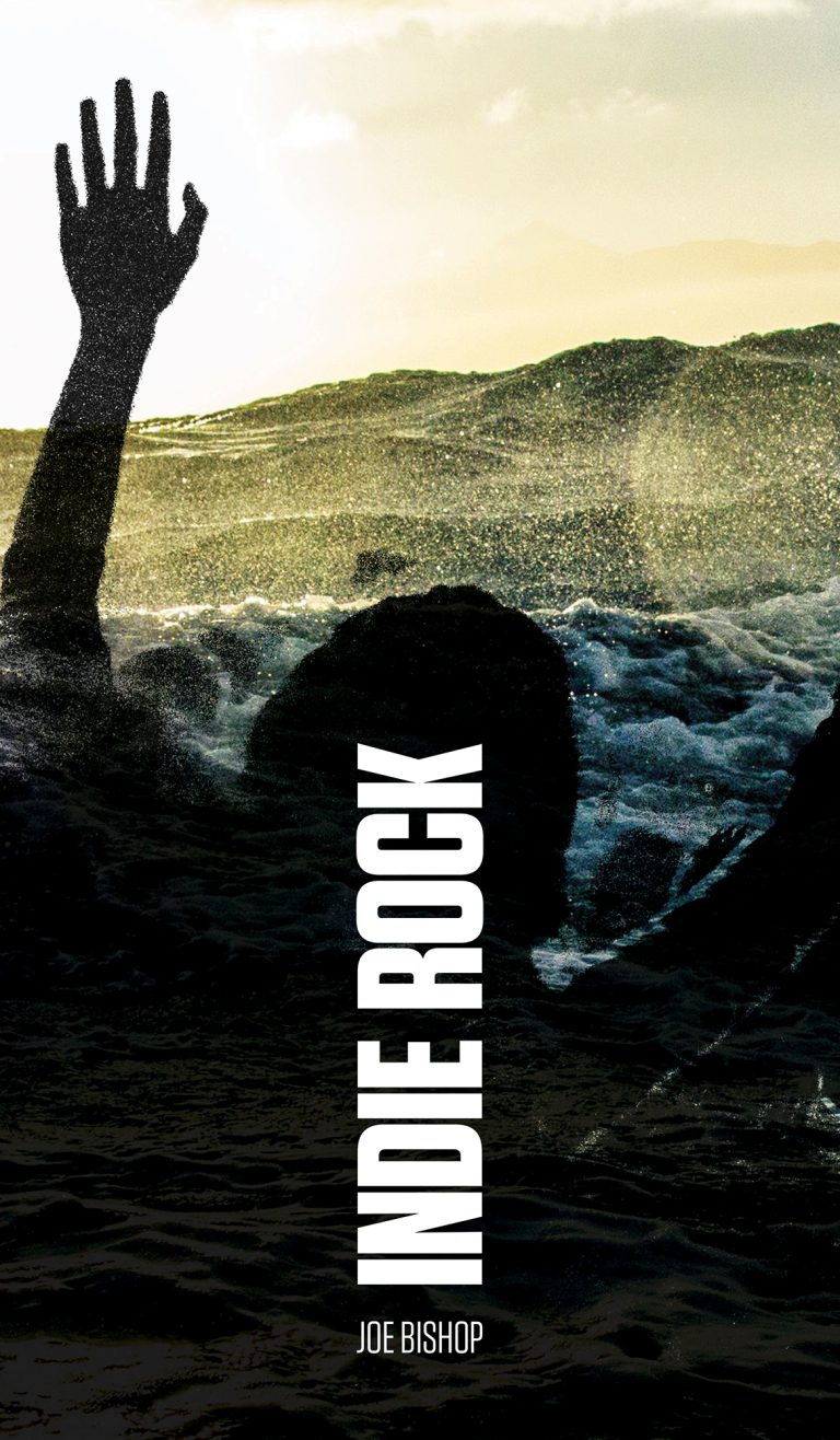 Book cover of Indie Rock by Joe Bishop. Silhouette of person with hands above their head with waves crashing behind them.