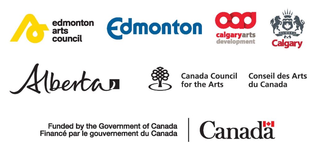 Edmonton Arts Council logo, City of Edmonton logo, Calgary Arts Development logo, City of Calgary logo, Government of Alberta logo, Canada Council for the Arts logo, Funded by the Government of Canada logo